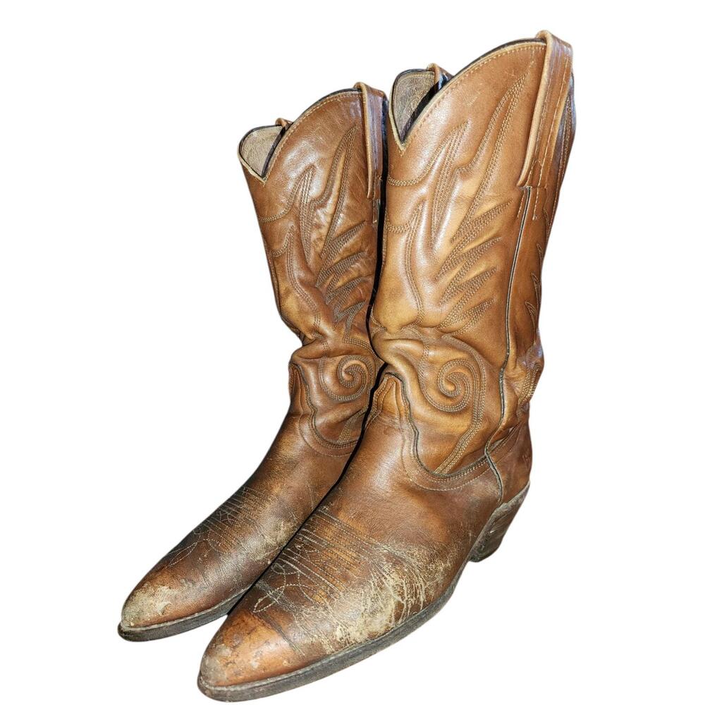 FRYE Men's Mid-Calf Stitched Leather Western Cowboy Boots Size 10D Brown VTG
